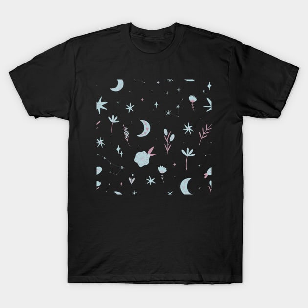 Pastel Moon Star Plants Repeating Pattern T-Shirt by DesignIndex